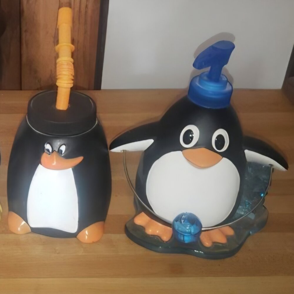 Penguin-themed Soap Dispenser & Small Water Bottle